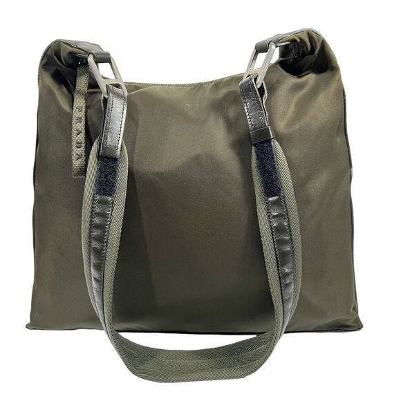Prada Handbags - Prada Women's Olive Green Black Nylon Leather Trim Hobo Shoulder Bag Medium